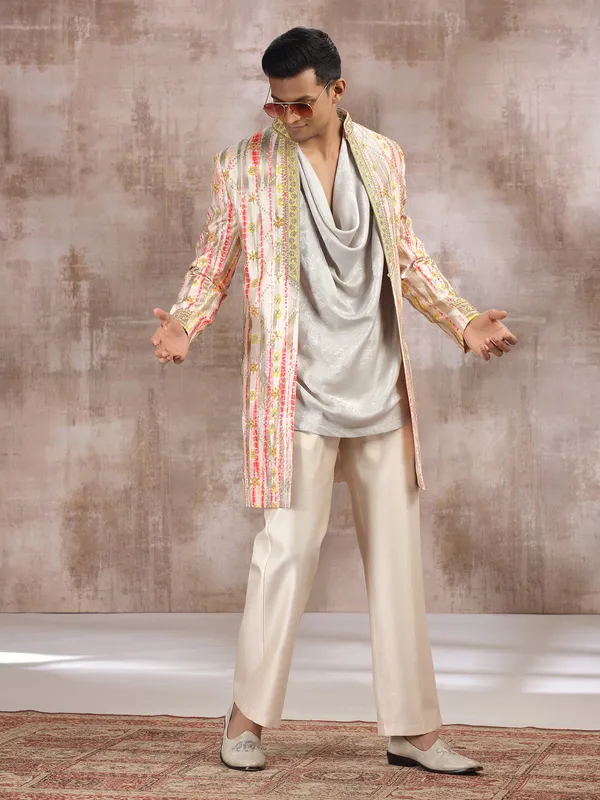 Multi color printed silk indo western with resham work