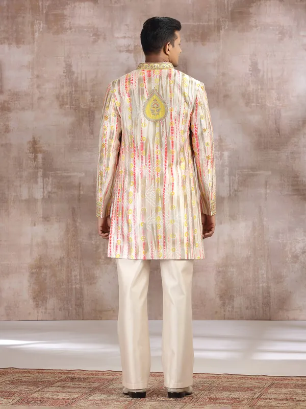 Multi color printed silk indo western with resham work