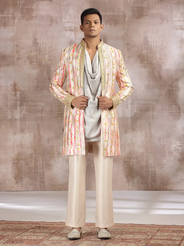 Multi color printed silk indo western with resham work
