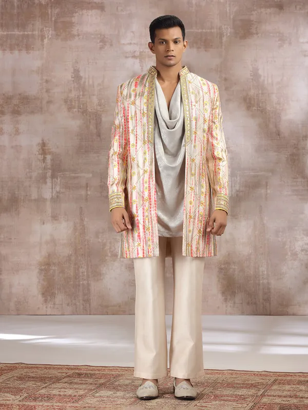 Multi color printed silk indo western with resham work