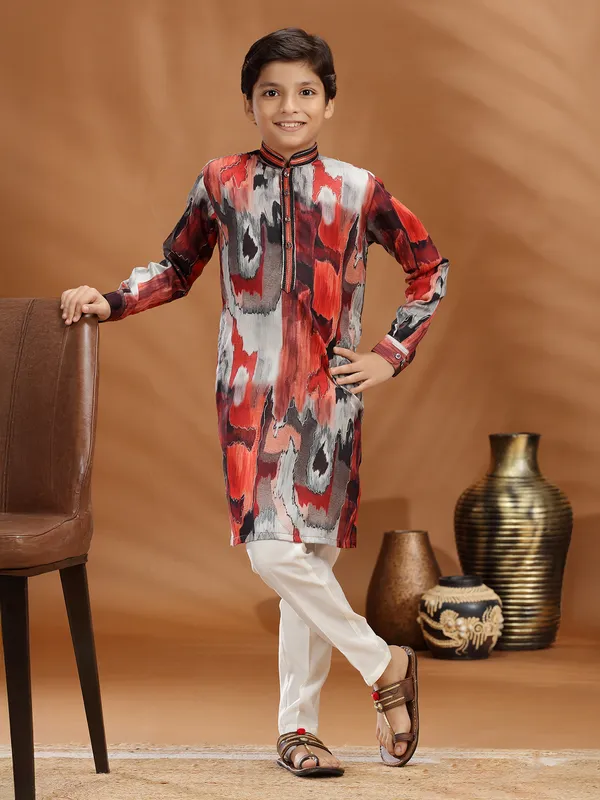Multi color printed silk kurta suit for boys
