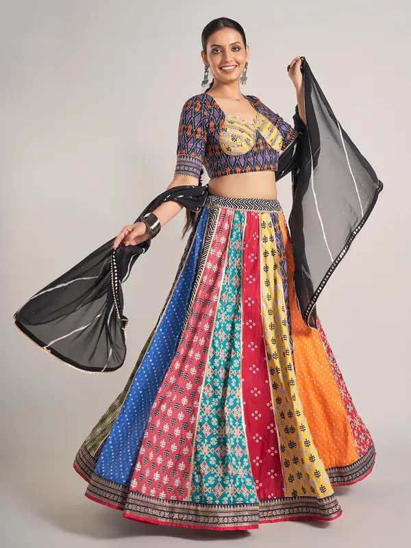 Multi color printed silk mirror work navratri chaniya choli