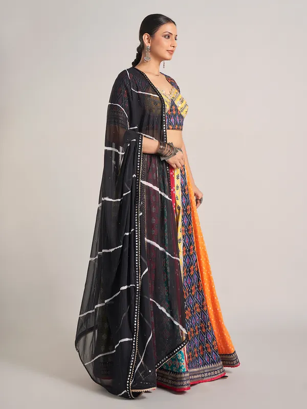 Multi color printed silk mirror work navratri chaniya choli