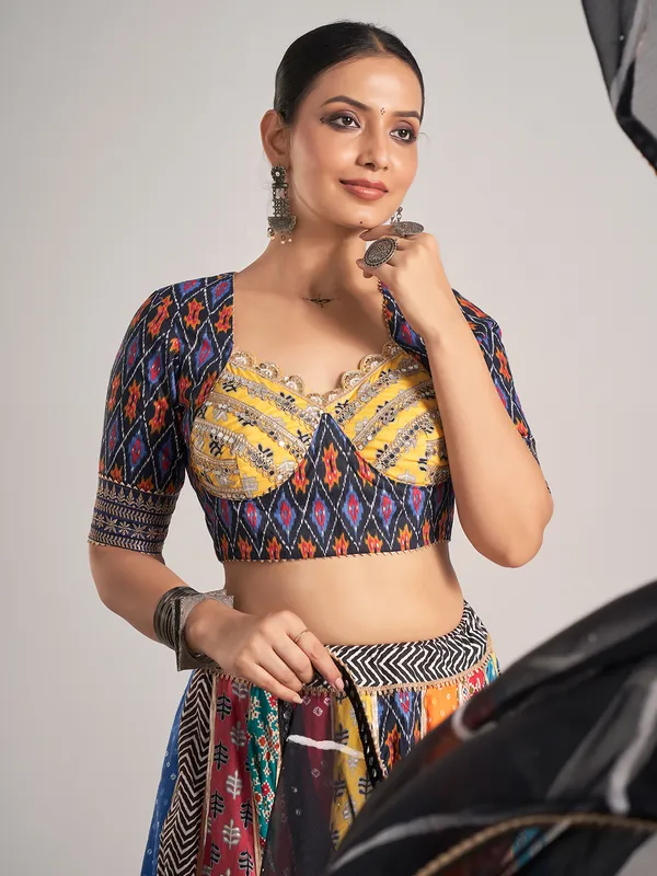 Multi color printed silk mirror work navratri chaniya choli