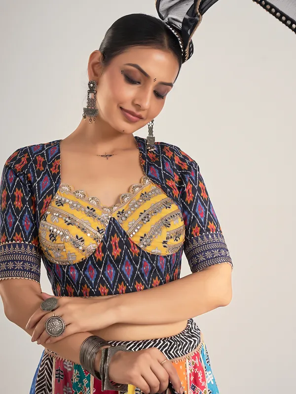 Multi color printed silk mirror work navratri chaniya choli