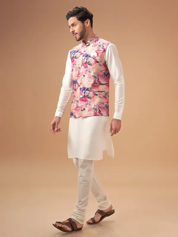 Multi color printed silk waistcoat set