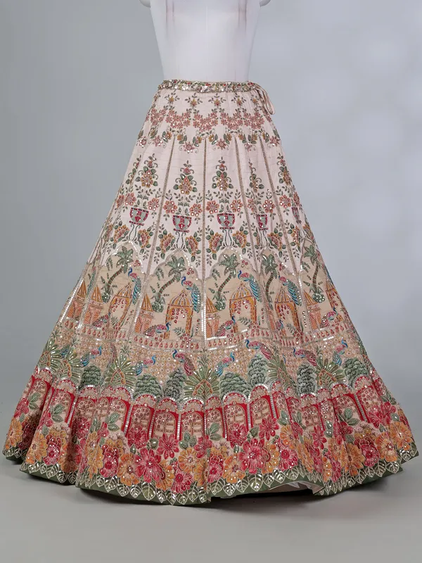 Multi color raw silk embroidered lehenga choli for wedding