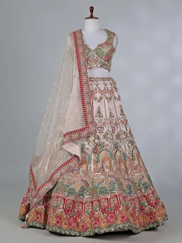 Multi color raw silk embroidered lehenga choli for wedding