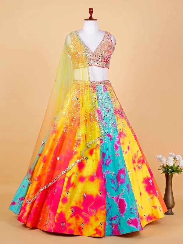 Multi color raw silk tie dye lehenga choli
