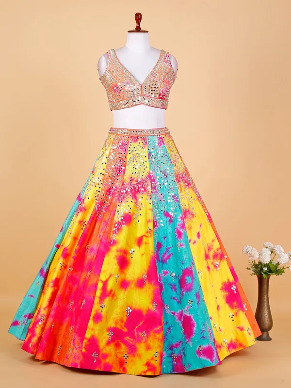 Multi color raw silk tie dye lehenga choli