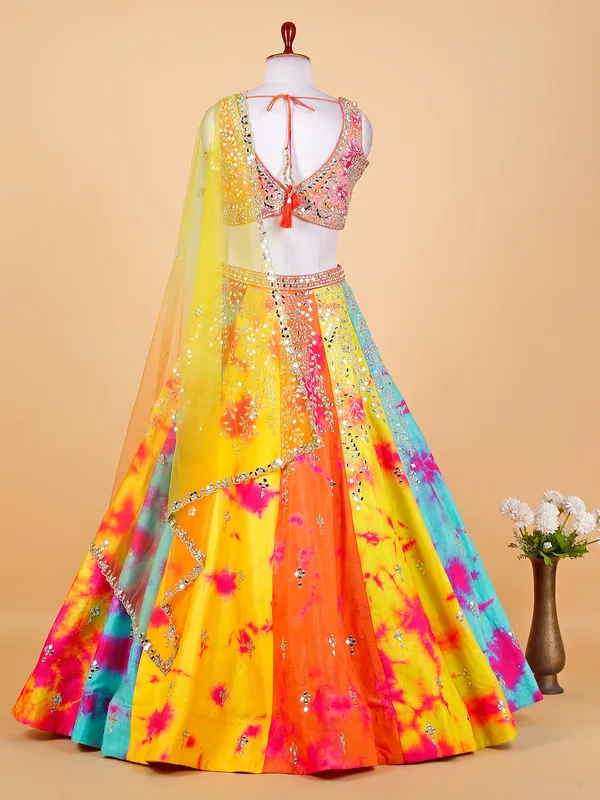 Multi color raw silk tie dye lehenga choli