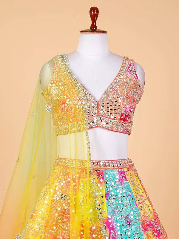 Multi color raw silk tie dye lehenga choli