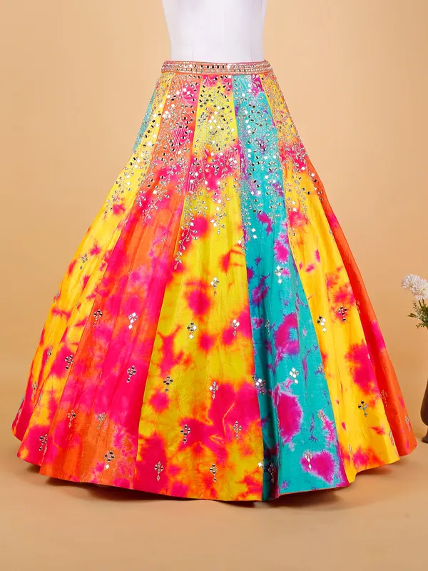 Multi color raw silk tie dye lehenga choli