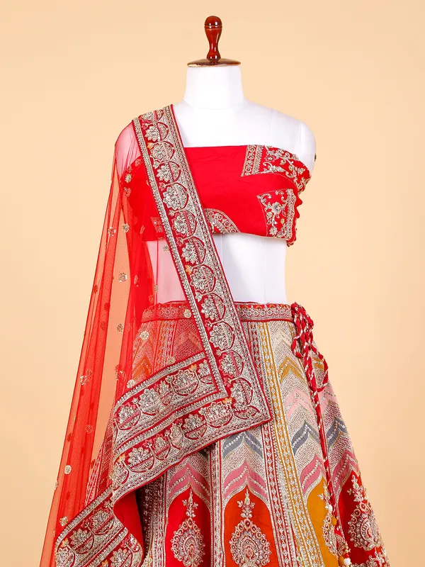 Multi color raw silk unstitched lehenga choli