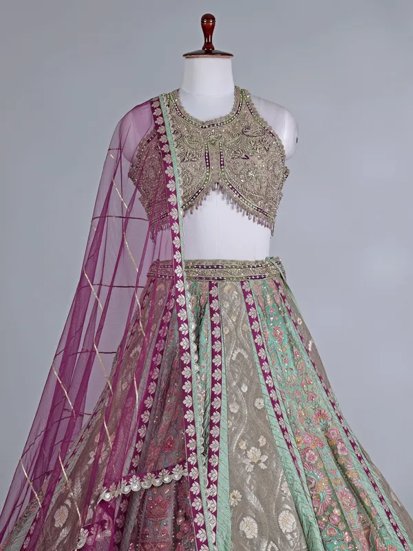 Multi color round neck designer silk lehenga choli