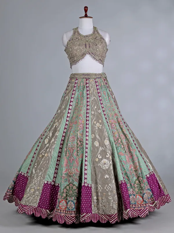 Multi color round neck designer silk lehenga choli
