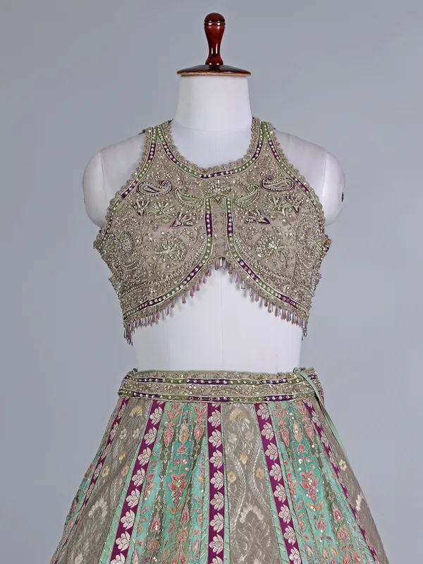 Multi color round neck designer silk lehenga choli