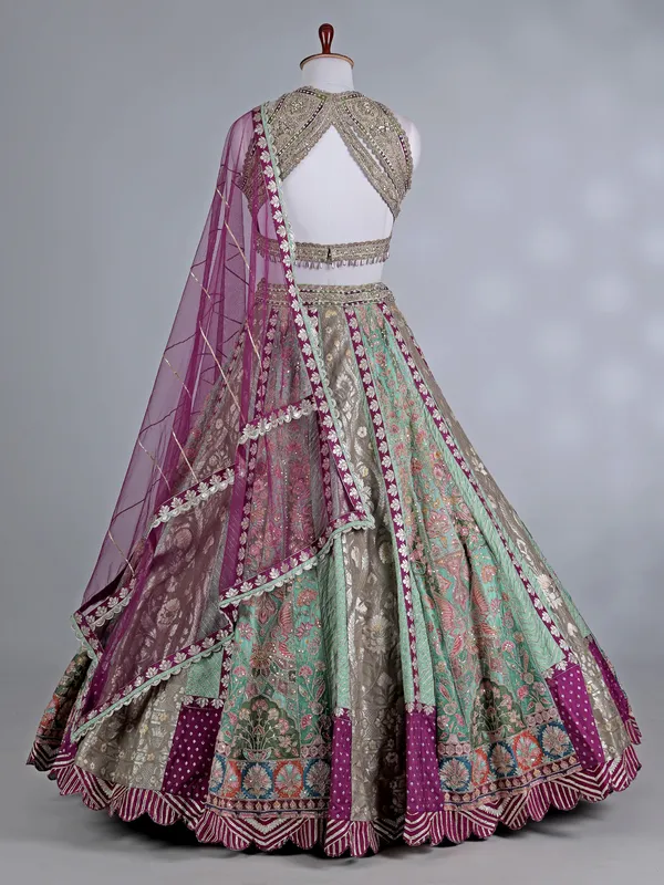 Multi color round neck designer silk lehenga choli