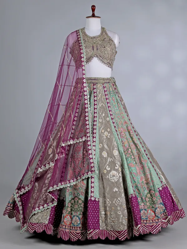 Multi color round neck designer silk lehenga choli