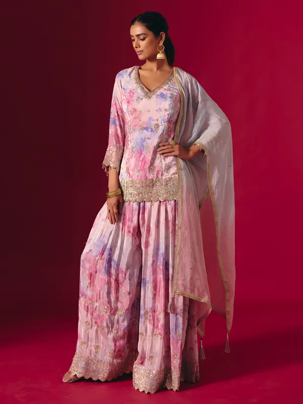 Multi color satin silk printed dupatta palazzo suit