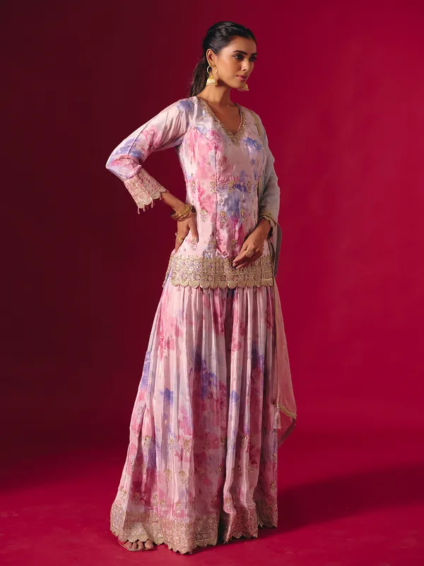 Multi color satin silk printed dupatta palazzo suit