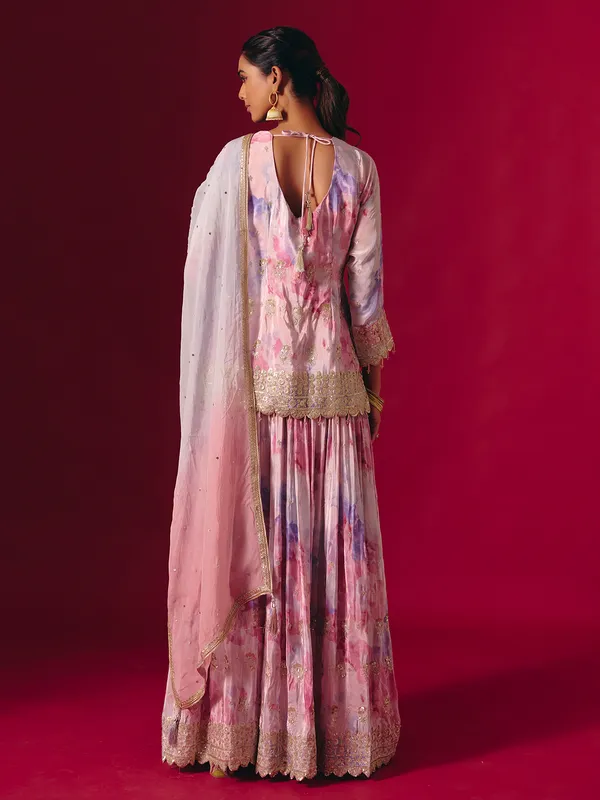 Multi color satin silk printed dupatta palazzo suit