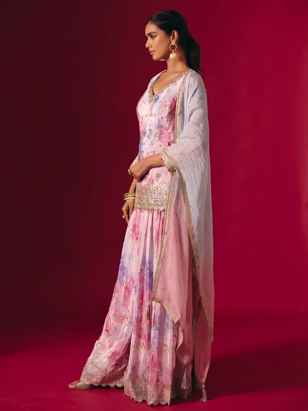 Multi color satin silk printed dupatta palazzo suit