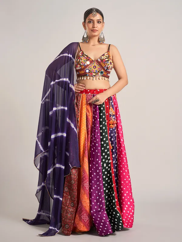 Multi color silk cowrie shell navratri chaniya choli