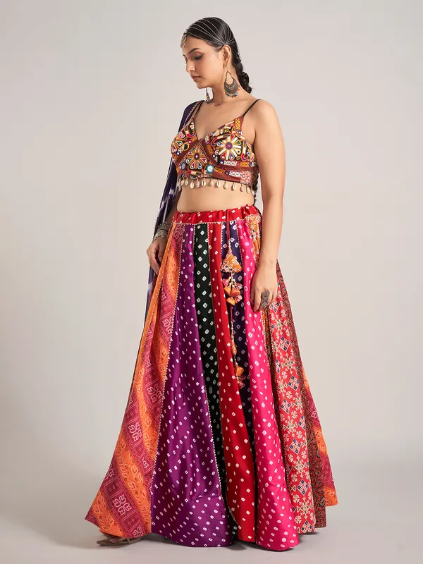 Multi color silk cowrie shell navratri chaniya choli