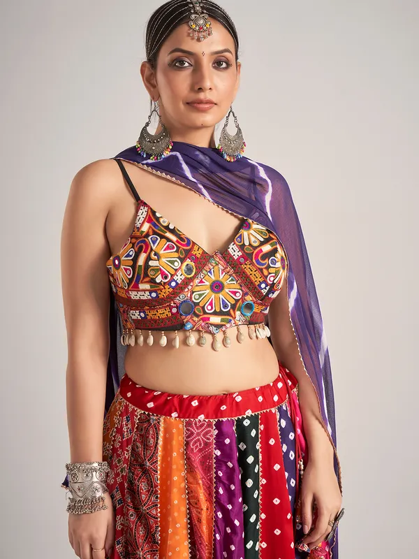 Multi color silk cowrie shell navratri chaniya choli