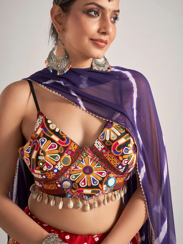 Multi color silk cowrie shell navratri chaniya choli