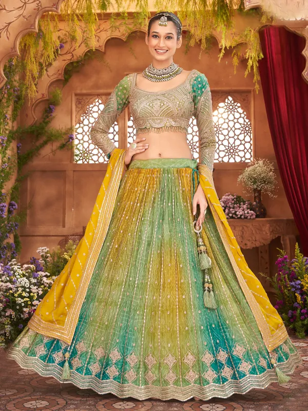 Multi color silk lehenga choli with full sleeves blouse