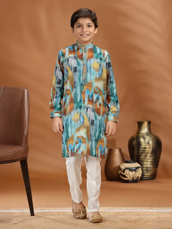 Multi color silk printed kurta suit for boys festive wear