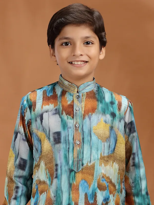 Multi color silk printed kurta suit for boys festive wear