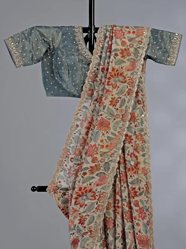Multi color silk printed saree with zardosi work