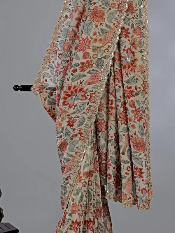 Multi color silk printed saree with zardosi work