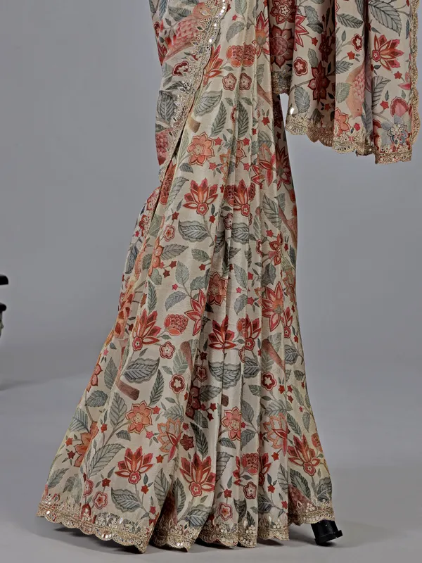 Multi color silk printed saree with zardosi work