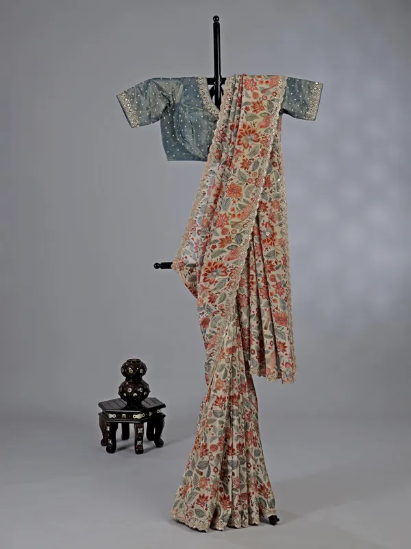 Multi color silk printed saree with zardosi work