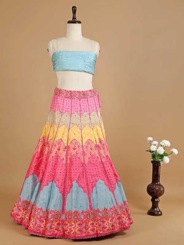 Multi color silk printed unstitched lehenga choli