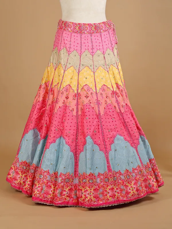 Multi color silk printed unstitched lehenga choli