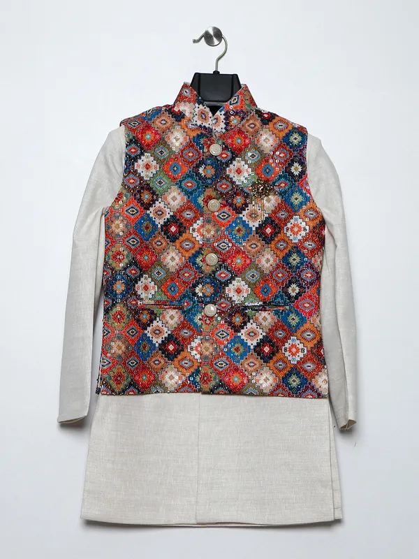 Multi color silk printed waistcoat set