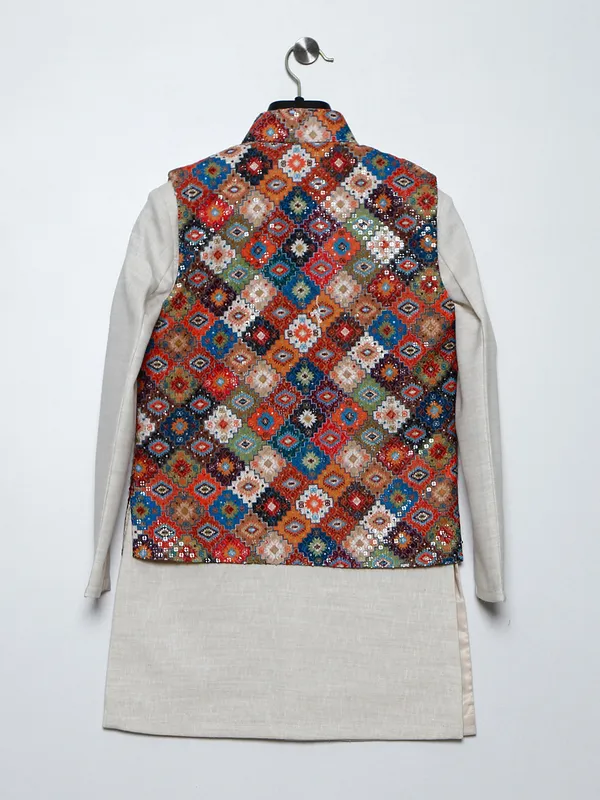 Multi color silk printed waistcoat set