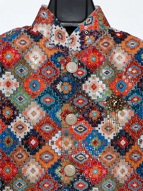 Multi color silk printed waistcoat set