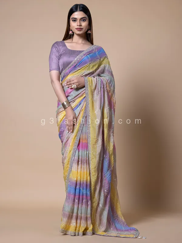 Multi color silk stripe pattern saree