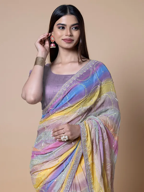 Multi color silk stripe pattern saree