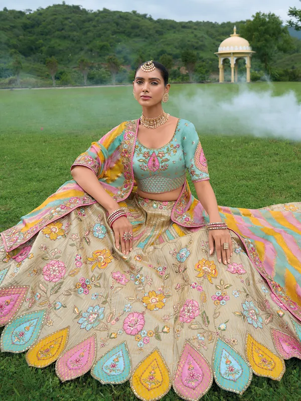 Multi color silk wedding style lehenga choli