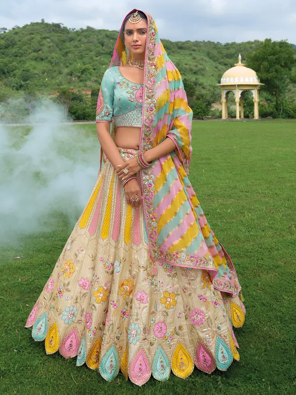 Multi color silk wedding style lehenga choli