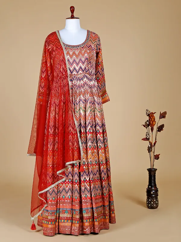 Multi color silk zig zag pattern anarkali suit