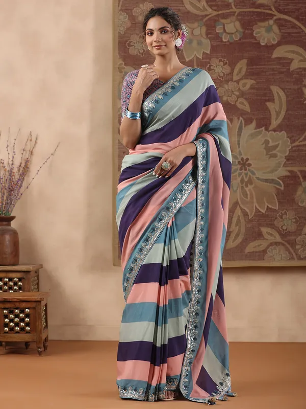 Multi color stripe muslin saree for festive