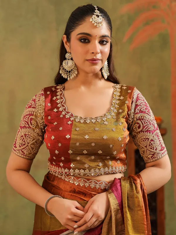 Multi color tissue silk saree with unstitched blouse